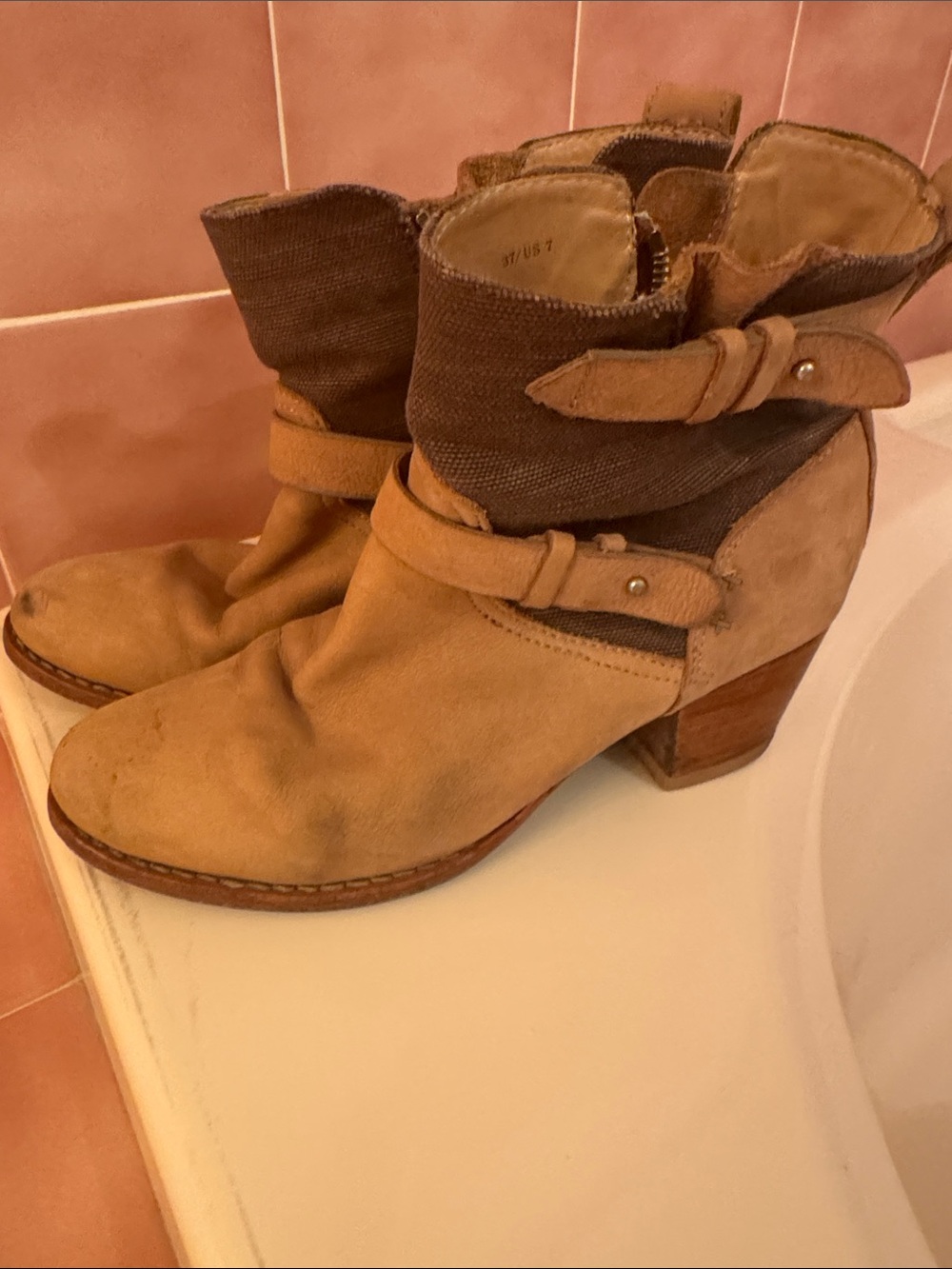 rag & bone Two-Tone Tan and Brown Suede Mid-Heel Ankle Boots